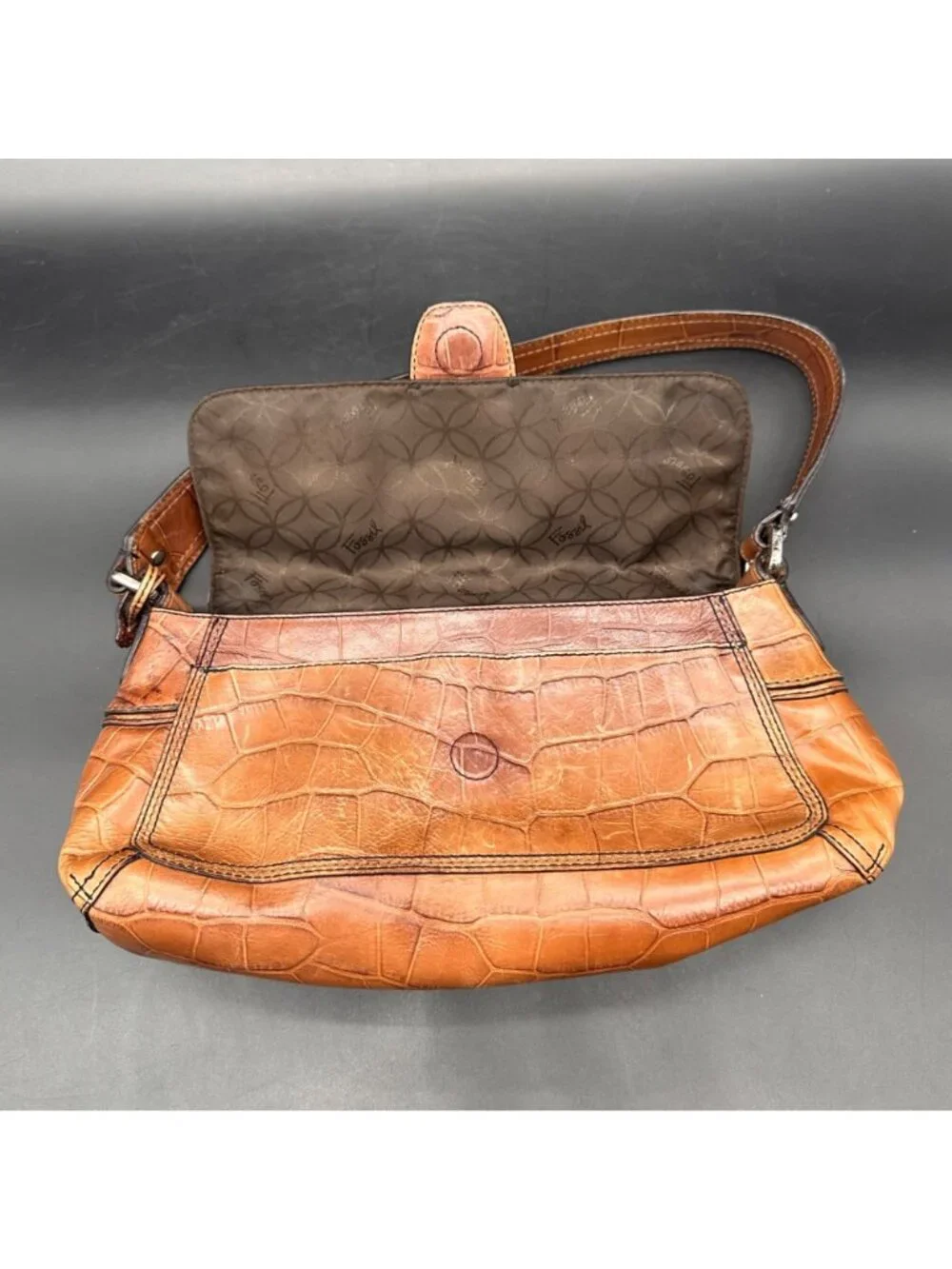 Fossil Croc Embossed Leather Purse Shoulder Bag Buckle Accent Brown Y2K READ